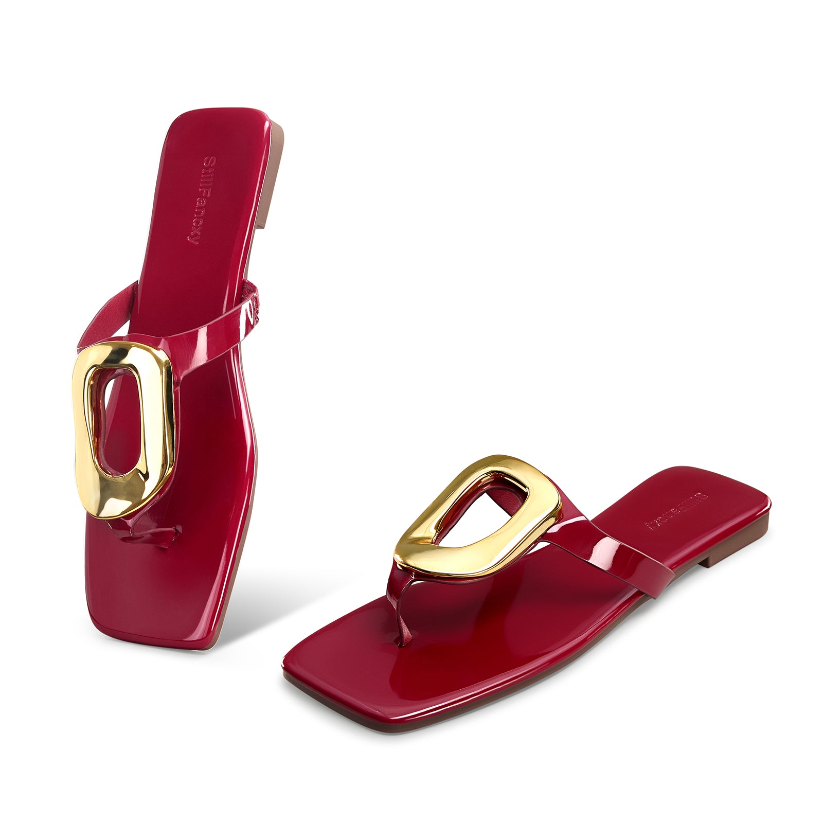 Gold Buckle Flat Sandals for Women Square Toe Dressy Flip Flops Trendy Thong Sandals Slide Sandals